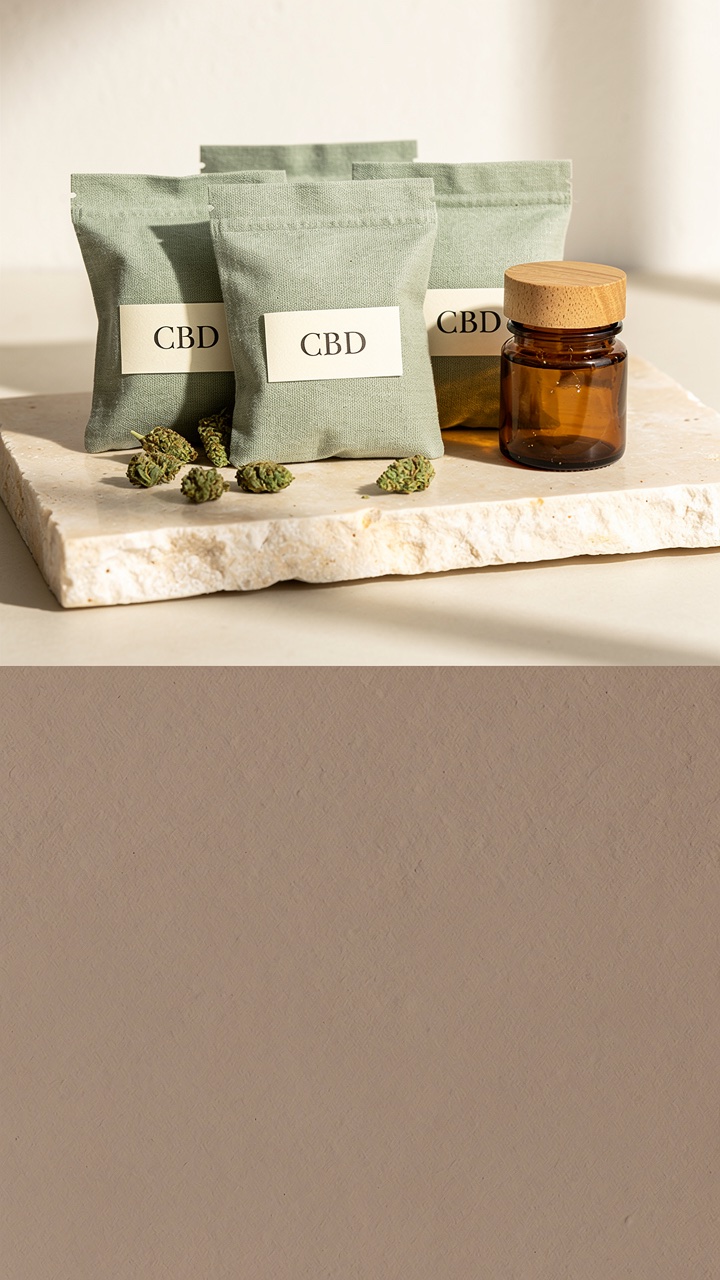 Produits CBD posés sur une pierre naturelle, dans une lumière douce